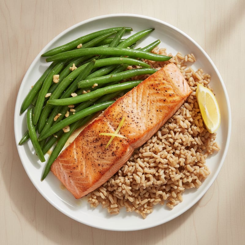 Seared Salmon with Garlic Green Beans and Brown Rice