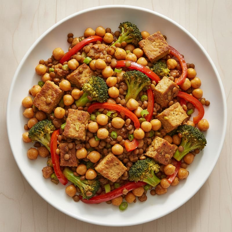 Lentil and Chickpea Protein Stir-Fry with Broccoli and Bell Peppers