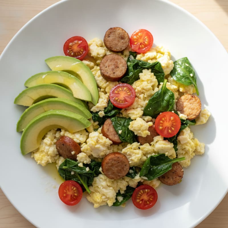 Egg White Scramble with Turkey Sausage and Sautéed Spinach