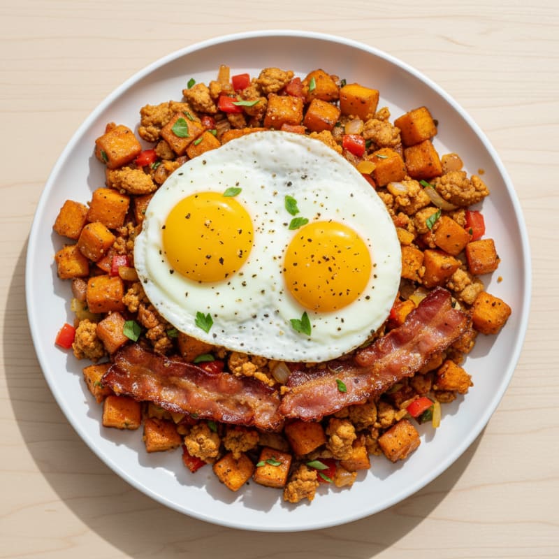 Crispy Maple-Glazed Bacon & Egg Hash