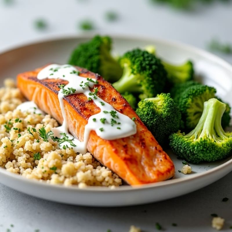 Grilled Salmon with Quinoa, Steamed Broccoli & Lemon Dill Yogurt Sauce