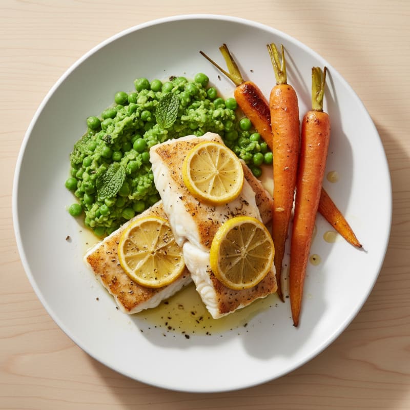 Baked Cod with Herb-Crushed Peas and Roasted Carrots
