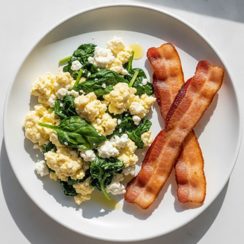 Cottage Cheese Egg Scramble with Sautéed Spinach and Turkey Bacon