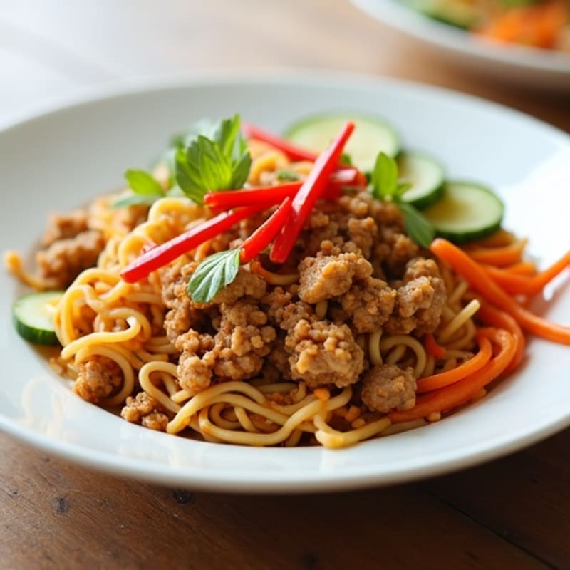 Spicy Peanut Ground Pork Noodles with Crunchy Vegetables