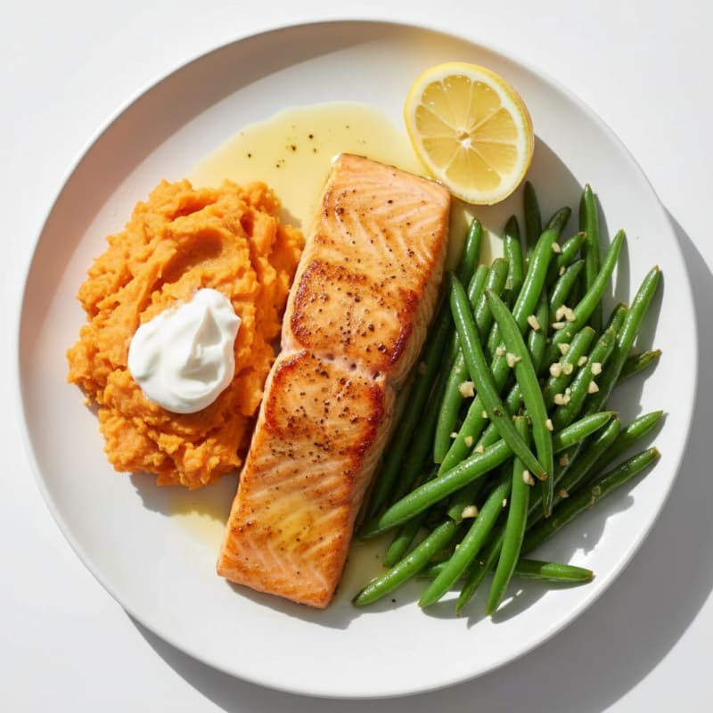 Seared Salmon Fillet with Garlic Green Beans and Mashed Sweet Potatoes