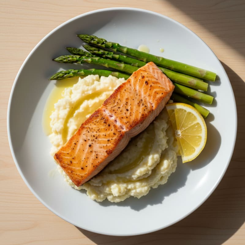 Seared Salmon with Steamed Asparagus and Garlic Mashed Cauliflower