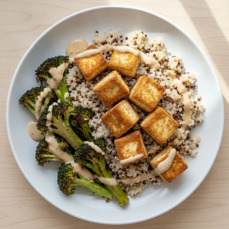Crispy Tofu and Quinoa Bowl with Roasted Vegetables and Creamy Tahini Drizzle