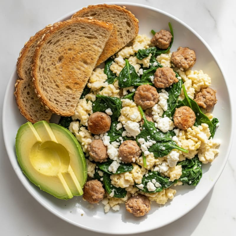 Egg White and Turkey Sausage Scramble with Spinach and Feta