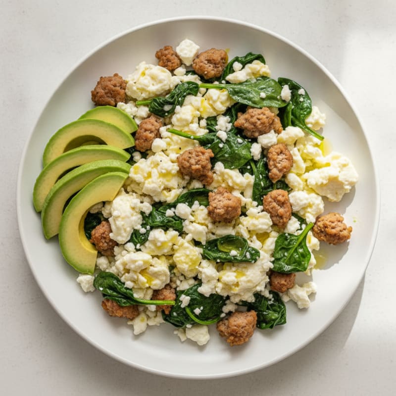 Egg White and Turkey Sausage Scramble with Spinach and Feta