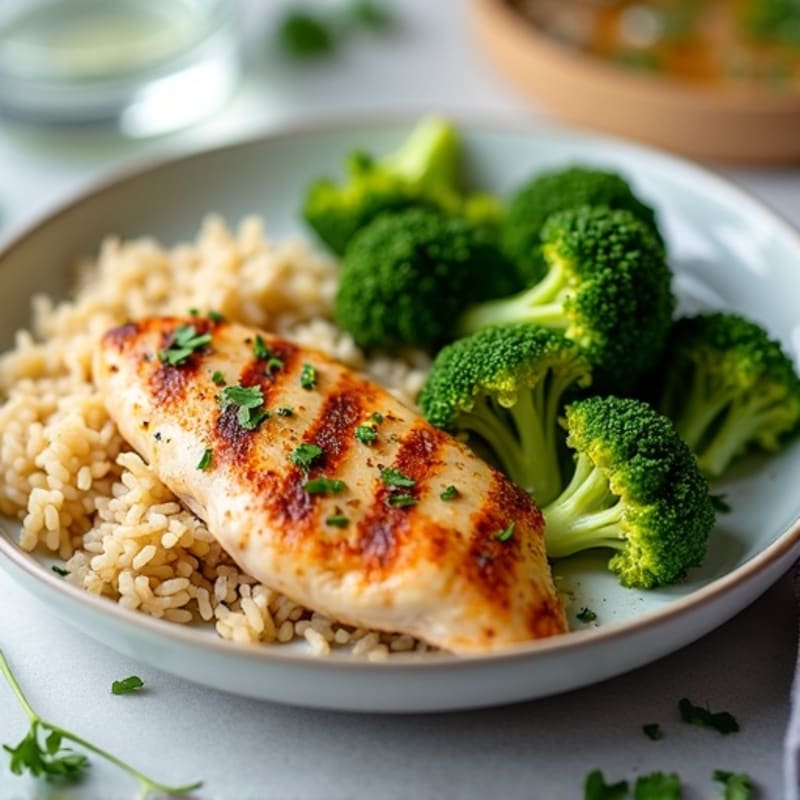 Seared Chicken Breast with Garlic Herb Brown Rice and Steamed Broccoli