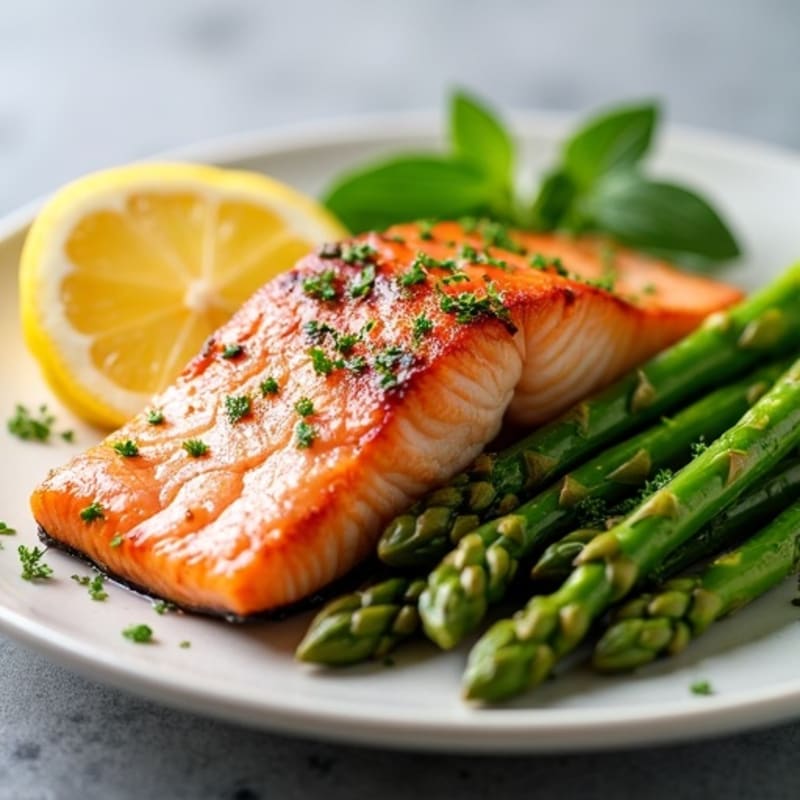 Seared Salmon with Steamed Asparagus and Lemon