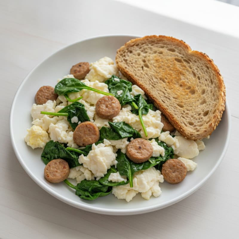 Egg White Scramble with Turkey Sausage and Sautéed Spinach