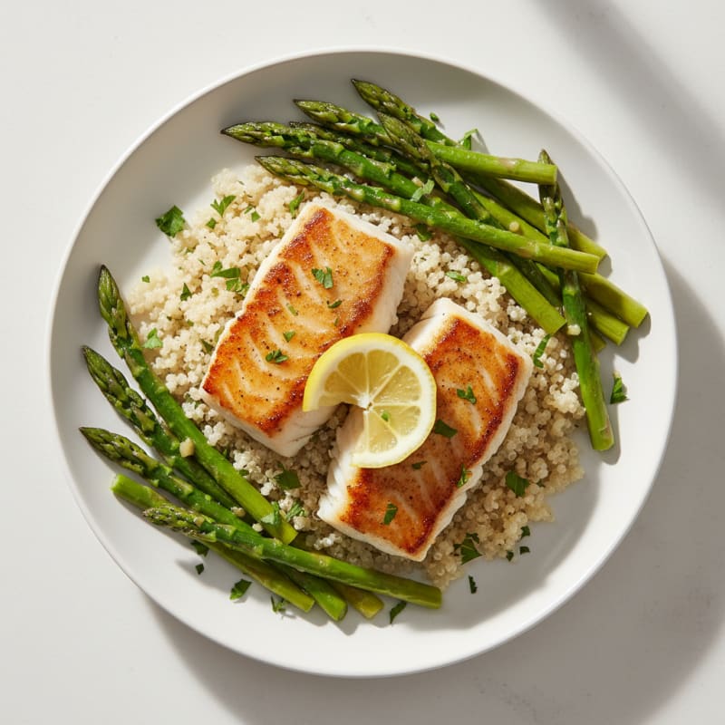 Seared Cod with Lemon Garlic Asparagus and Quinoa
