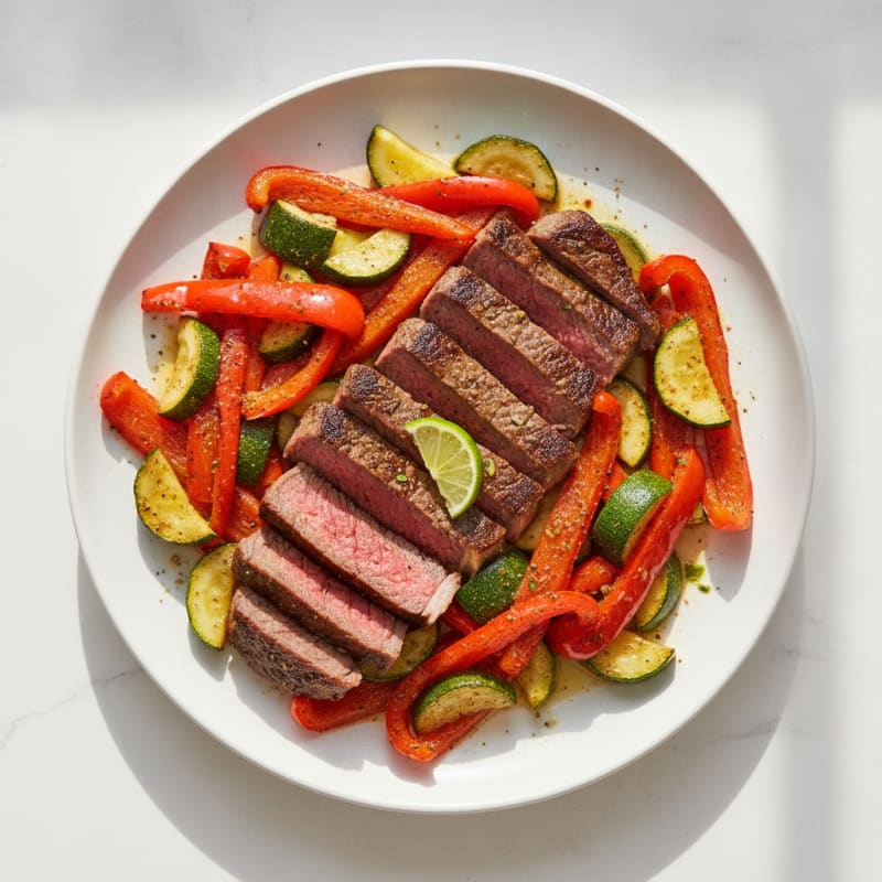 Seared Steak with Charred Peppers and Zucchini