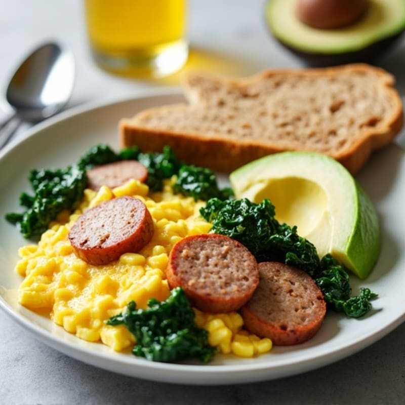 Egg White Scramble with Turkey Sausage and Sautéed Spinach