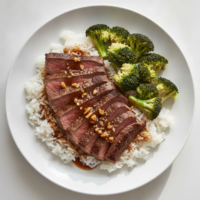 Seared Ginger Soy Beef with Steamed Broccoli and Jasmine Rice