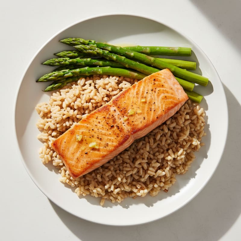 Seared Salmon with Steamed Asparagus and Brown Rice
