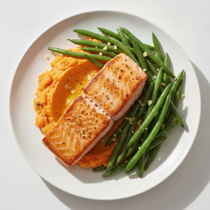 Seared Salmon with Garlic Green Beans and Sweet Potato Mash