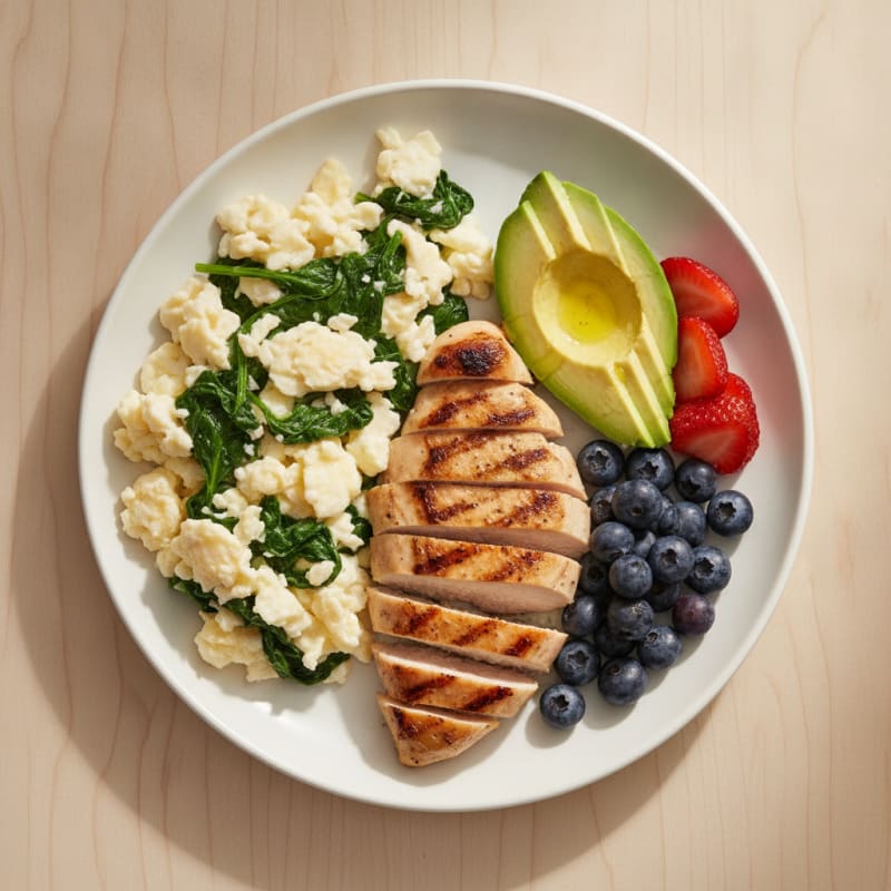 Egg White and Spinach Scramble with Grilled Chicken and Fresh Berries