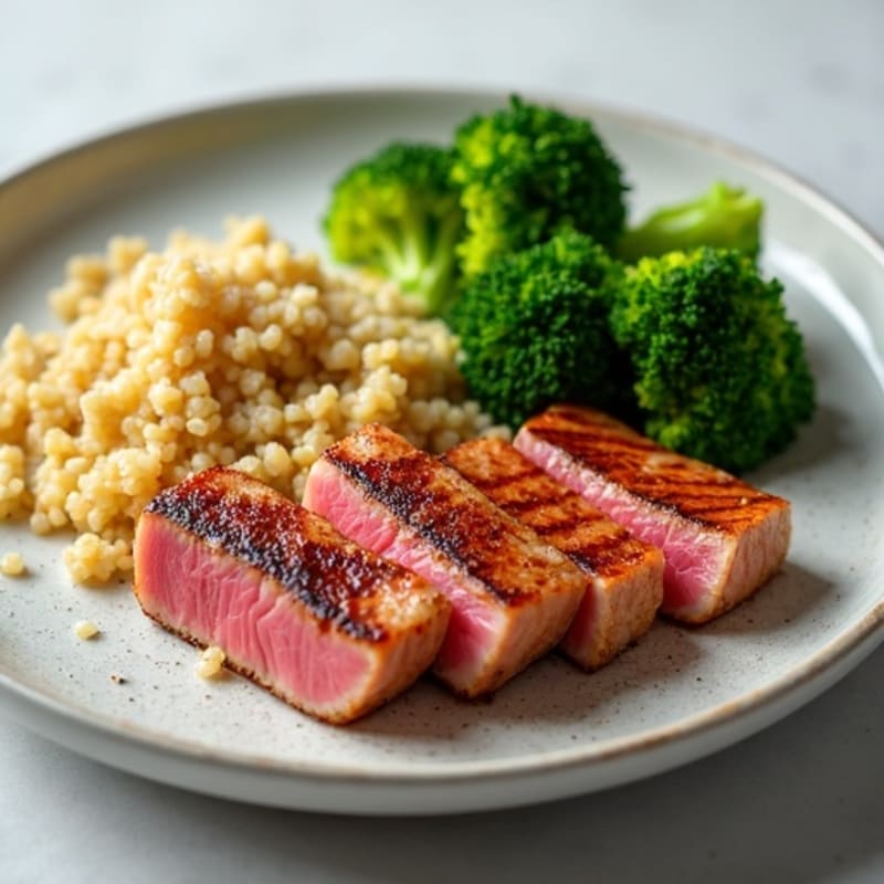 Seared Tuna Steak with Steamed Broccoli and Quinoa