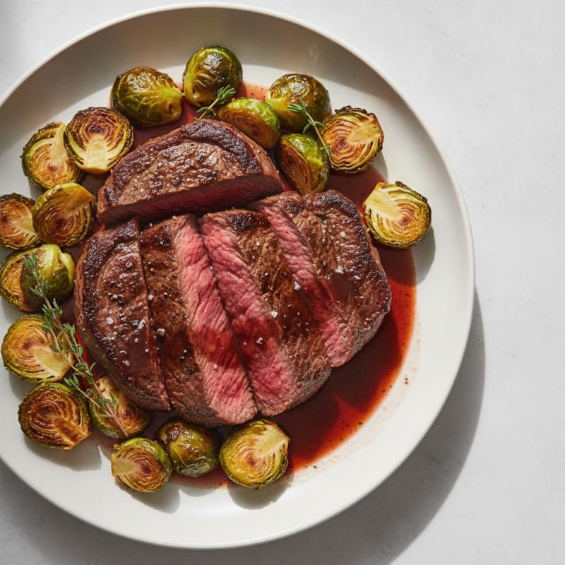 Seared Steak with Roasted Brussels Sprouts and Red Wine Reduction