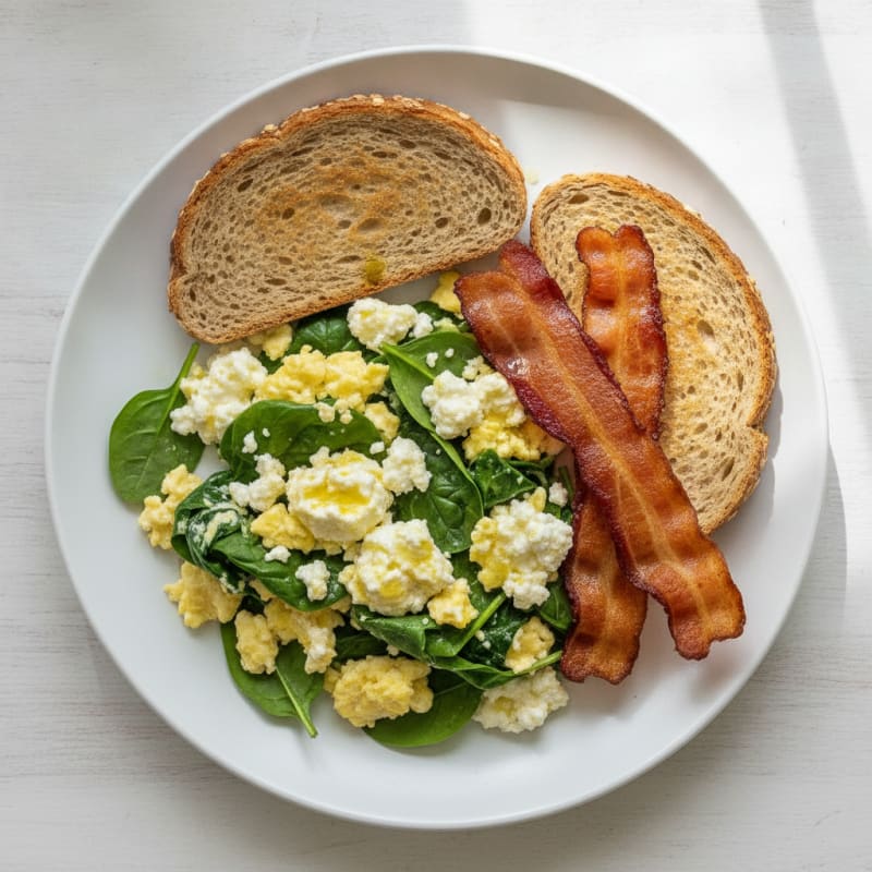 Cottage Cheese Scramble with Turkey Bacon and Spinach