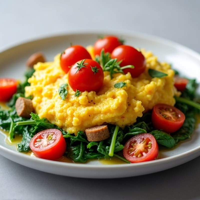 Fluffy Scrambled Eggs with Sautéed Greens and Cherry Tomatoes