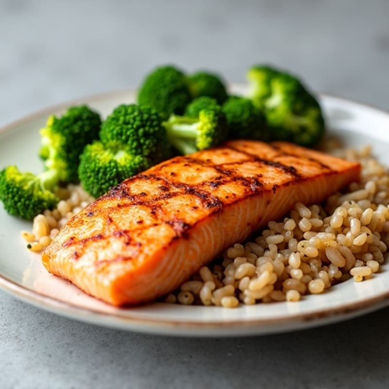 Grilled Salmon with Brown Rice and Steamed Broccoli