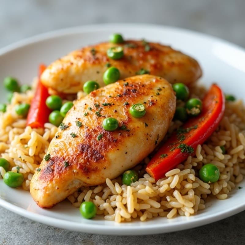 Moist Chicken and Brown Rice Skillet with Bell Peppers and Peas