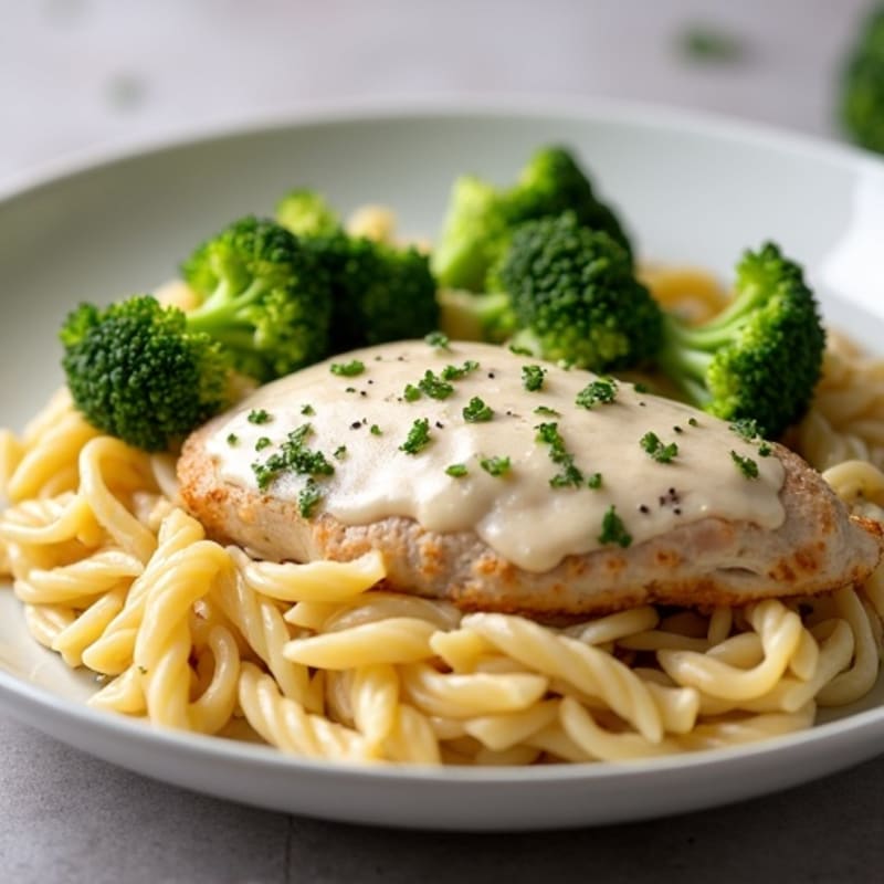 Creamy Chicken Alfredo with Whole Wheat Pasta and Roasted Broccoli