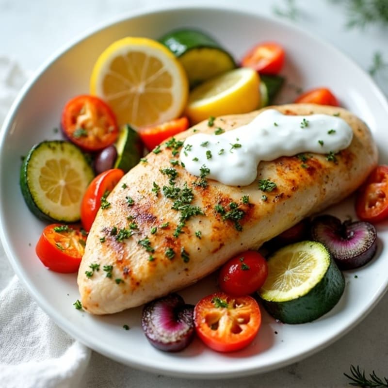 Lemon Herb Chicken with Roasted Vegetables and Creamy Dill Yogurt Sauce