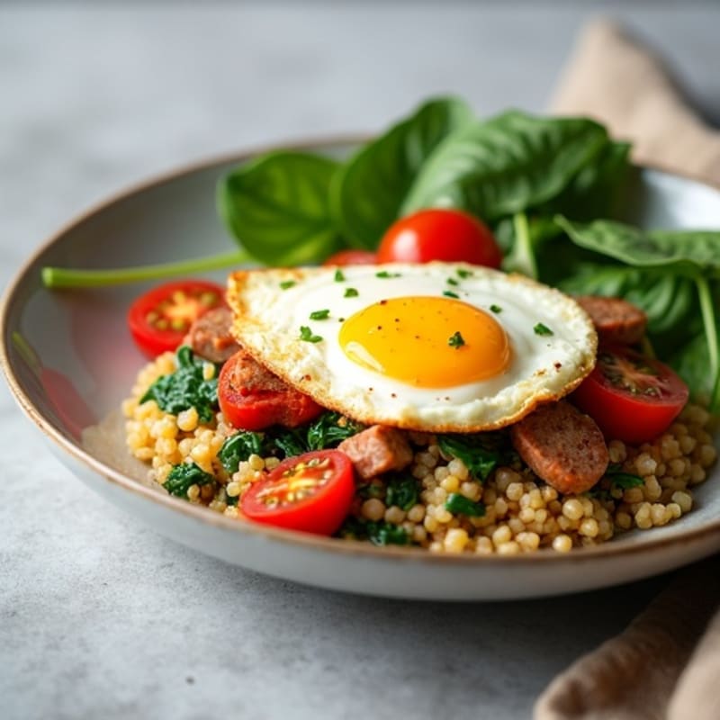 Egg White and Turkey Sausage Scramble with Spinach, Tomatoes, and Quinoa