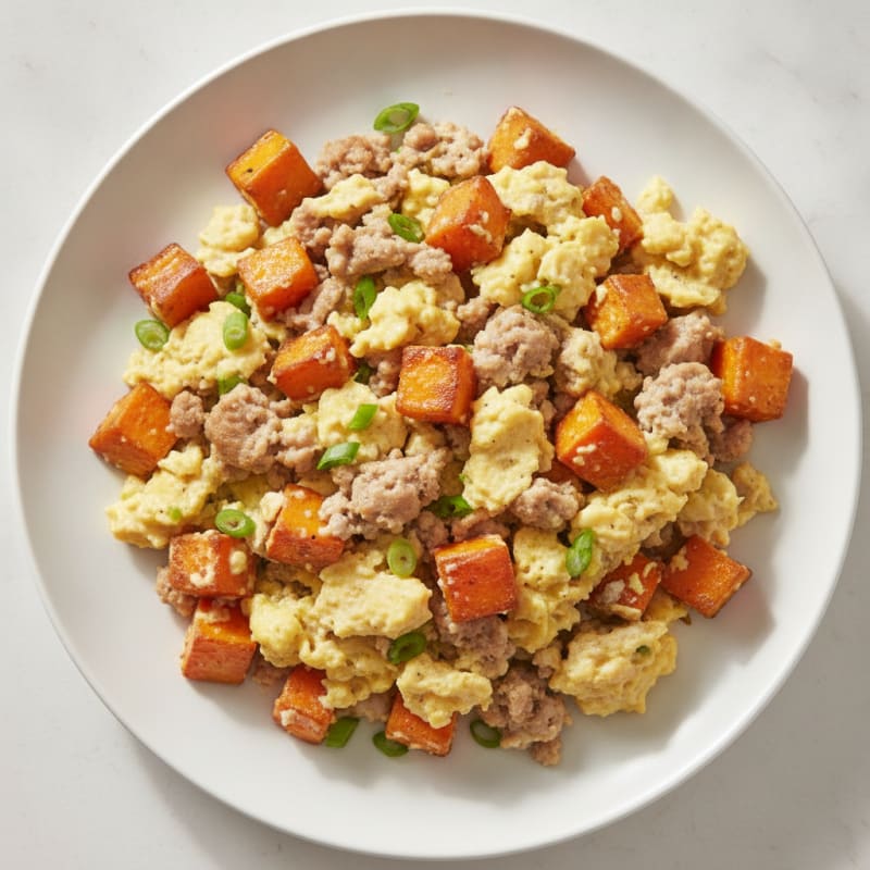 Scrambled Eggs with Greek Yogurt and Sautéed Sweet Potatoes