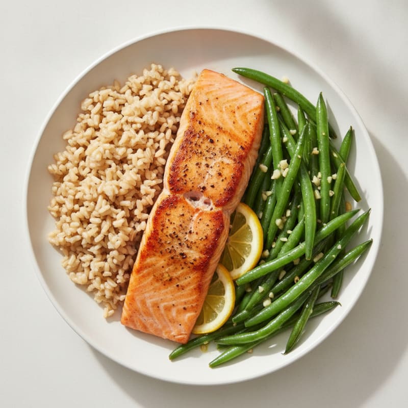 Seared Salmon with Garlic Green Beans and Brown Rice