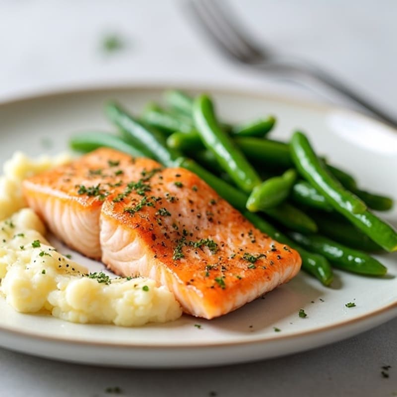 Seared Salmon Fillet with Garlic Green Beans and Cauliflower Mash