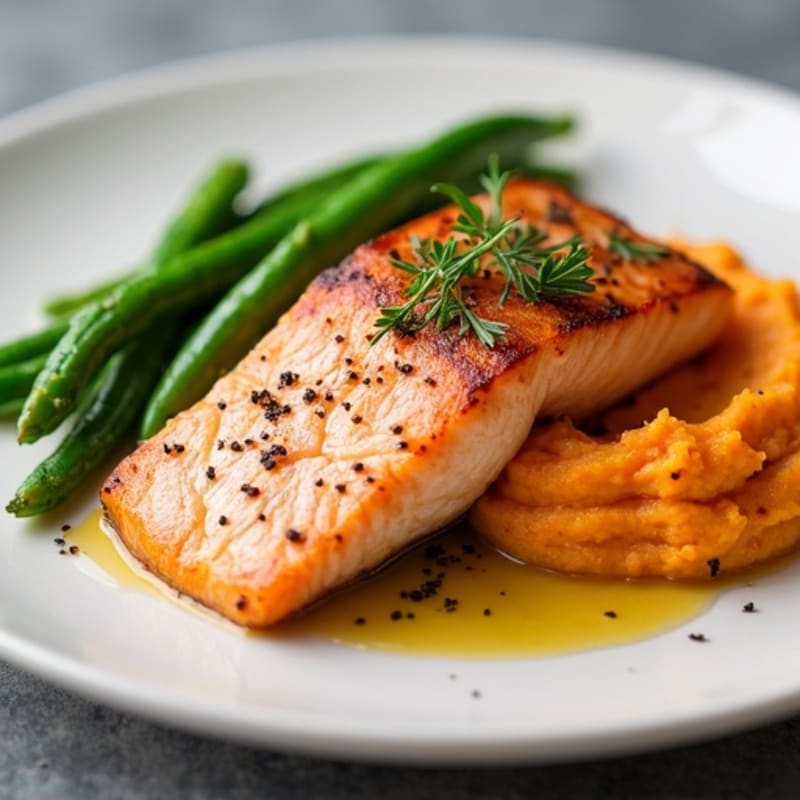 Seared Salmon with Steamed Green Beans and Sweet Potato Mash