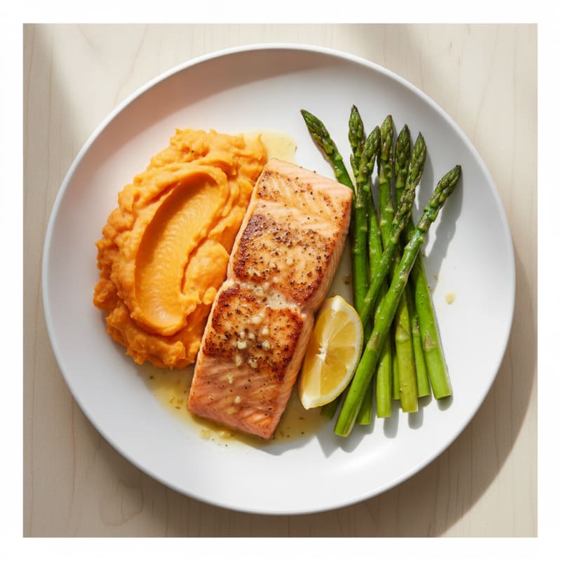 Seared Salmon Fillet with Roasted Asparagus and Sweet Potato Mash