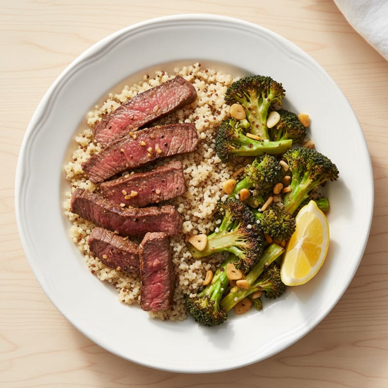 Seared Lean Beef Strips with Roasted Broccoli and Quinoa