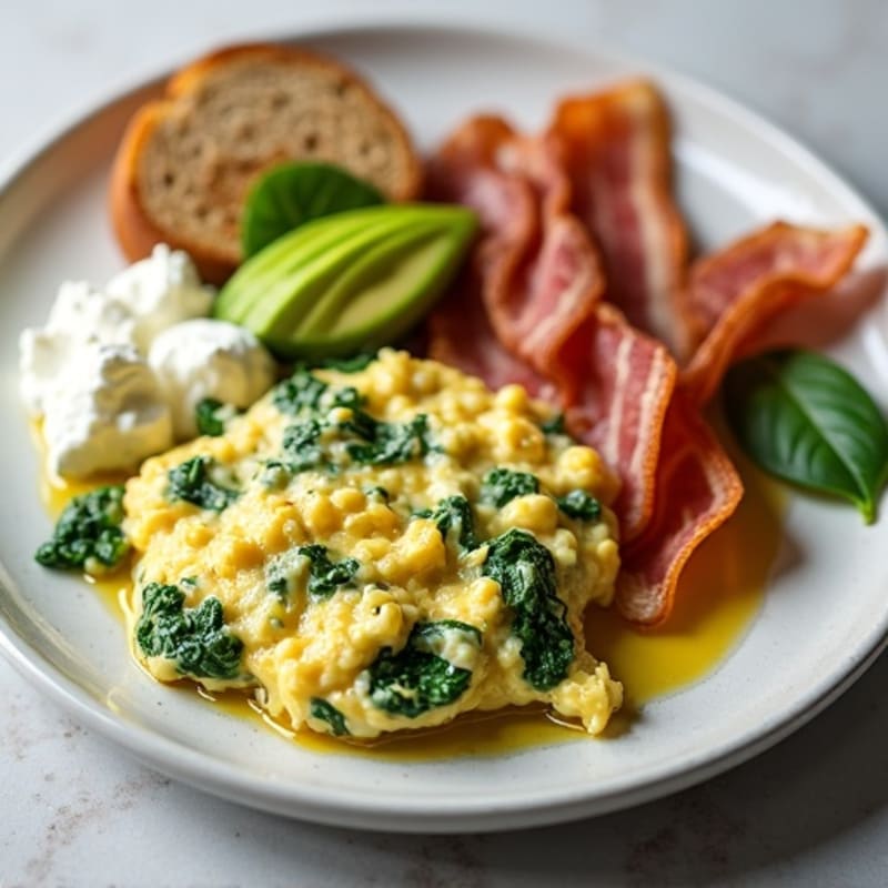 Egg White and Spinach Scramble with Cottage Cheese and Turkey Bacon