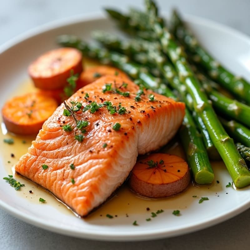 Seared Salmon Fillet with Roasted Sweet Potatoes and Asparagus