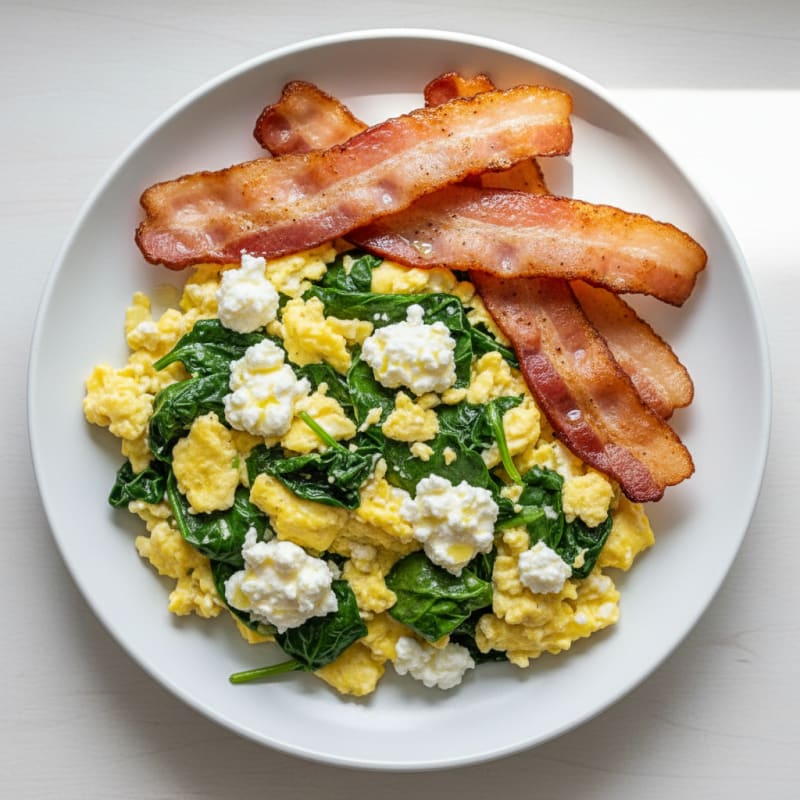 Cottage Cheese and Egg Scramble with Spinach and Turkey Bacon