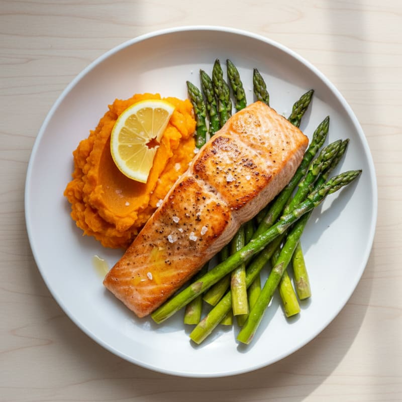 Seared Salmon Fillet with Roasted Asparagus and Sweet Potato Mash
