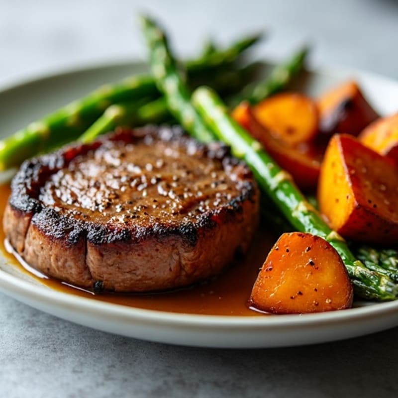Tender Pan-Seared Steak with Crispy Roasted Asparagus and Sweet Potato
