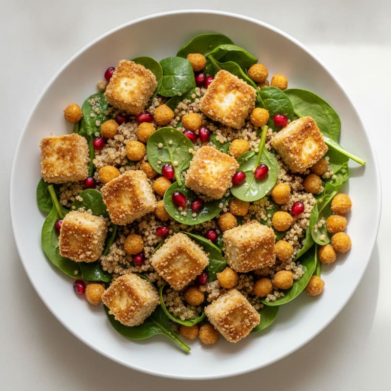 Crispy Tofu and Quinoa Salad with Roasted Chickpeas