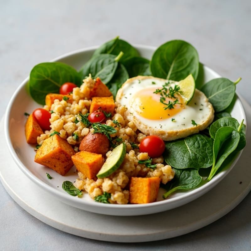 Chicken and Spinach Egg White Scramble with Roasted Sweet Potatoes