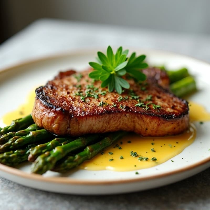 Pan-Seared Strip Steak with Roasted Asparagus and Garlic-Herb Butter