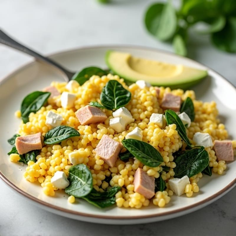 Egg White and Spinach Scramble with Cottage Cheese and Sliced Turkey