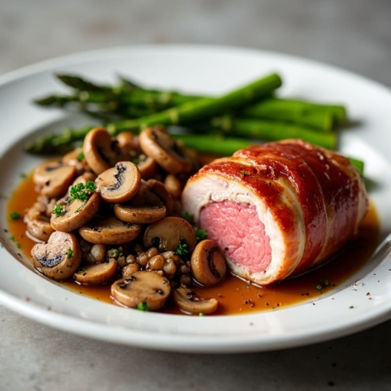 Crispy Prosciutto-Wrapped Beef Tenderloin with Savory Mushroom Duxelles and Roasted Asparagus