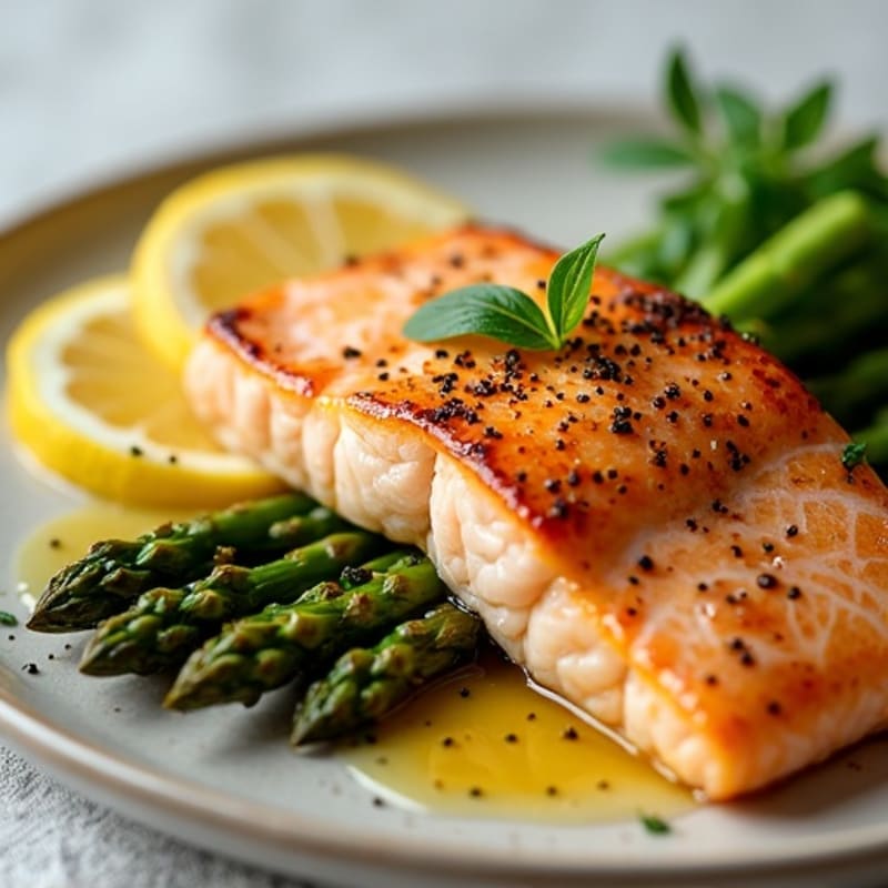 Lemon Garlic Pan-Seared Salmon with Roasted Asparagus