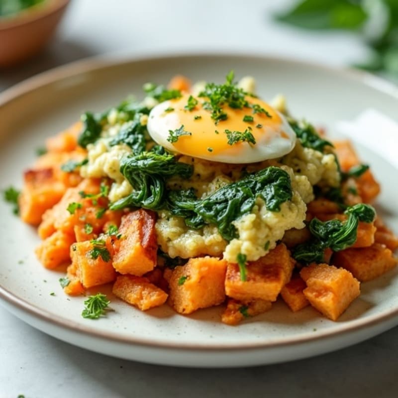 Egg White and Turkey Spinach Scramble with Roasted Sweet Potato